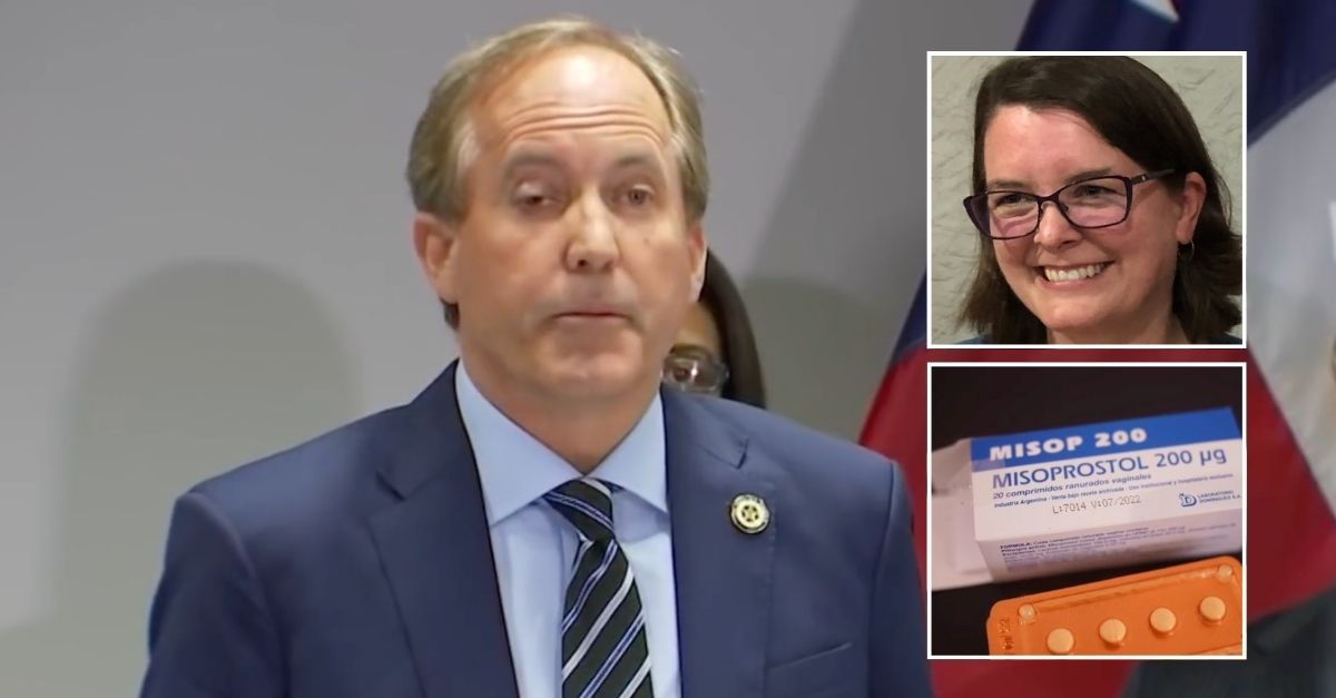 Texas Attorney General Ken Paxton (KVUE/YouTube). Insets: Dr. Margaret Carpenter and misoprostol, one of the medications she’s accused of sending to Texas (Reproductive Health Access Project