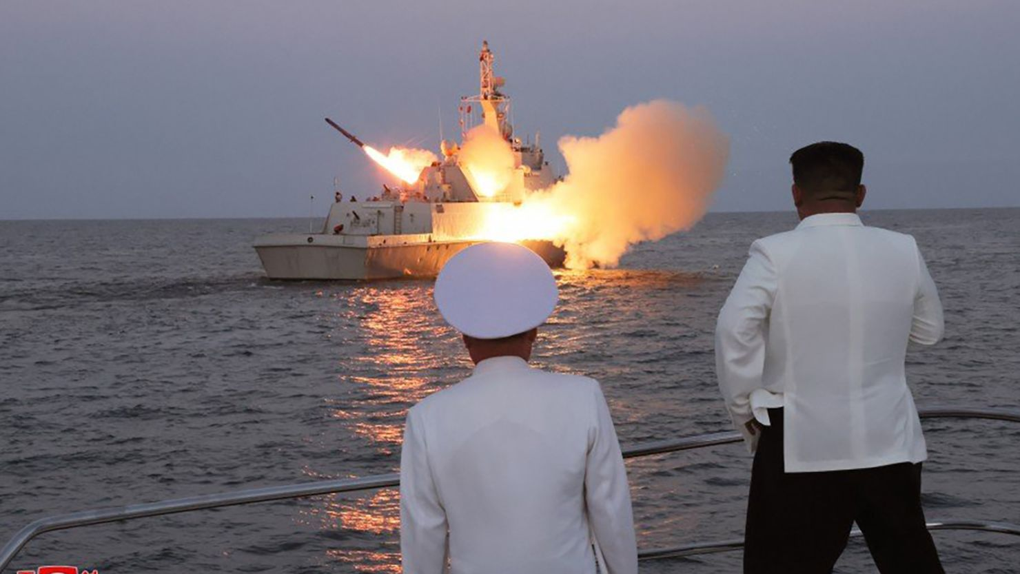 North Korean leader Kim Jong Un watches the test of a cruise missile from a patrol ship. KCNA