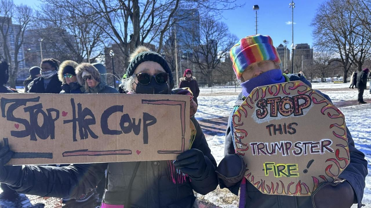 Rally protesting President Trump and Elon Musk draws hundreds in Boston