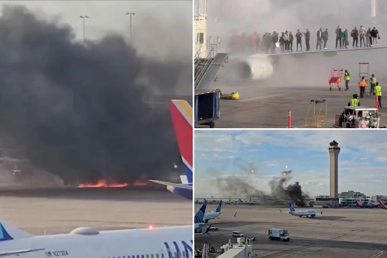 Passengers evacuate after American Airlines plane catches fire at Denver airport
