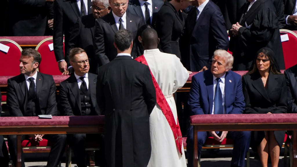 President Donald Trump, First Lady Melania Trump, and other world leaders attend Pope Francis’ funeral in St. Peter’s Square at the Vatican on April 26, 2025. 