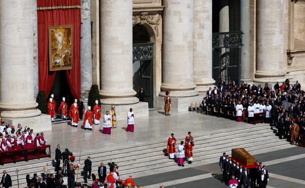 The coffin of Pope Francis is carried during the funeral Mass of Pope Francis in St. Peter's Square at the Vatican, April 26, 2025. 