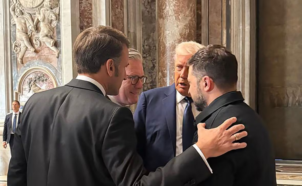 Zelenskyy, right, meets with French President Emmanuel Macron, left, British Prime Minister Keir Starmer, second from the left, and Trump in St. Peter's Basilica in the Vatican on Saturday.