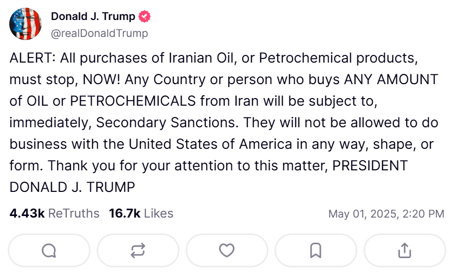 Trump says any country that buys oil from Iran will not be allowed to do business with U.S.
