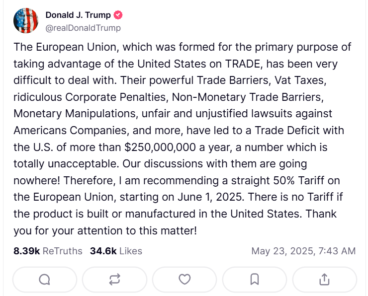 Trump's Truth Social post announcing the EU tariff