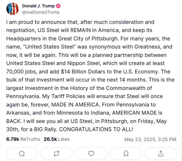 Trump announces approval of Nippon-U.S. Steel merger on Truth Social.