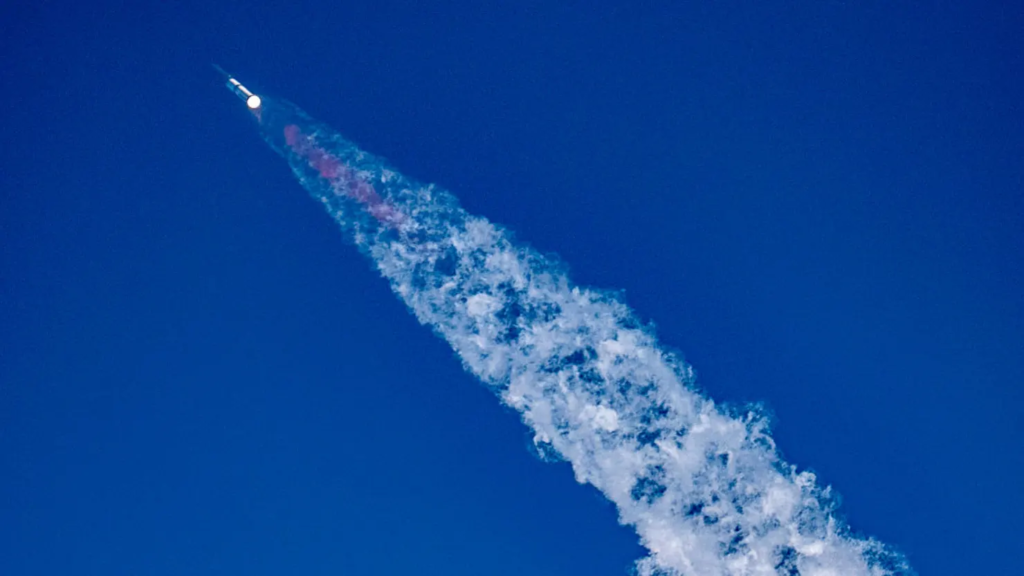 SpaceX Starship launches from Starbase during ninth test flight before midair explosion.