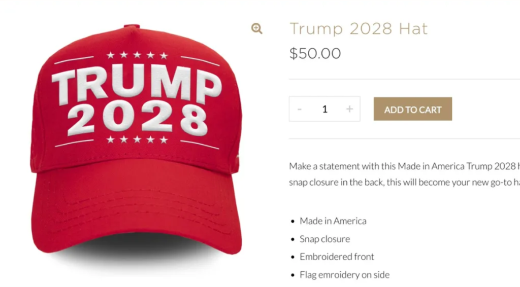 Trump’s sons, through the Trump Organization, released “Trump 2028” hats priced at $50. 