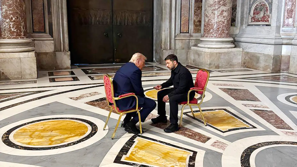 President Trump and President Zelenskyy shaking hands at St. Peter’s Basilica during Pope Francis’ funeral.