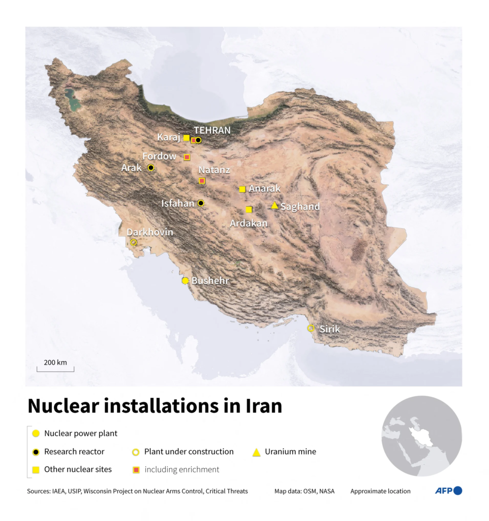 Infographic with a map of Iran showing nuclear sites, reactors and uranium mines.
Graphic by SYLVIE HUSSON, NALINI LEPETIT-CHELLA, SABRINA BLANCHARD| AFP | via Getty Images
