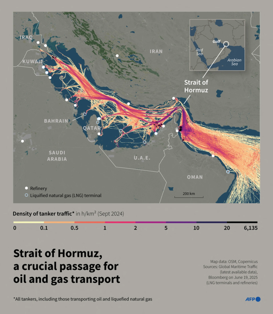 Infographic with map of the Gulf showing maritime tanker traffic in September 2024 through the Strait of Hormuz
Getty Images