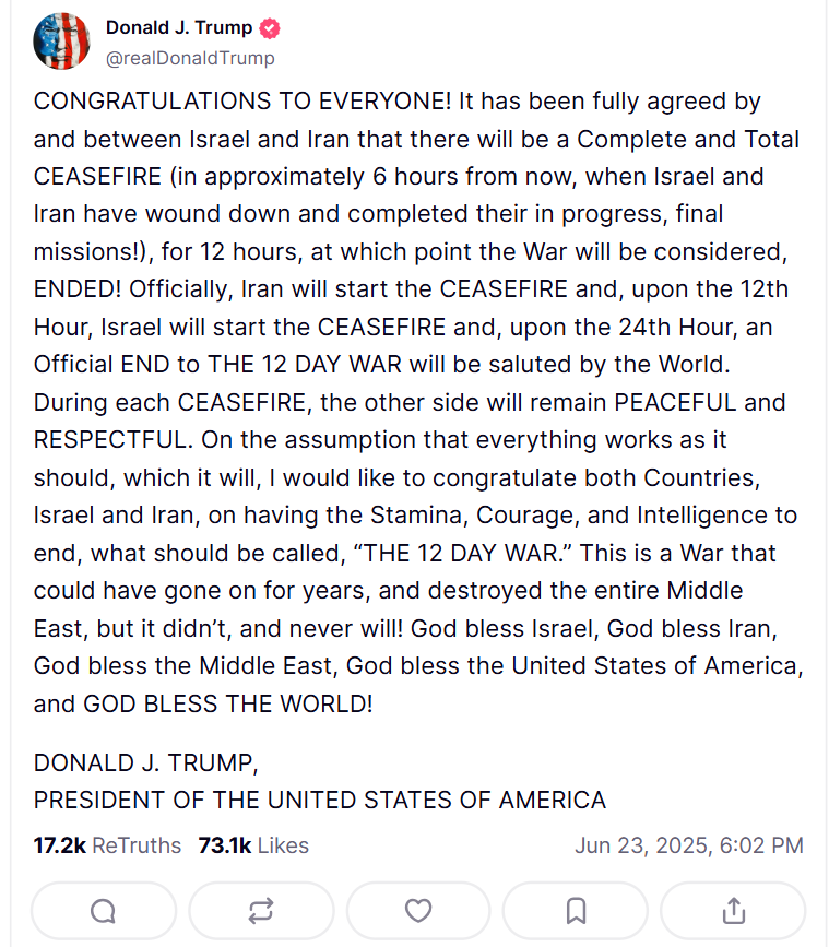 Trump announces Israel-Iran ceasefire timeline