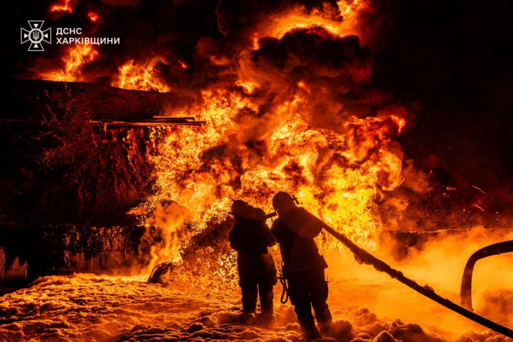 In this photo provided by the Ukrainian Emergency Service, emergency services personnel work to extinguish a fire following a Russian attack in Kharkiv region, Ukraine, Saturday, July 5, 2025. (Ukrainian Emergency Service via AP)/ AP