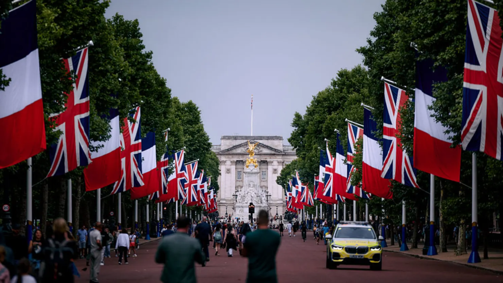 Union Jack and French flags are displayed down The Mall in London on July 6, 2025, ahead of a state visit by French President Emmanuel Macron and his wife Brigitte Macron, on July 8, 2025. Benjamin Cremel | Afp | Getty Images)