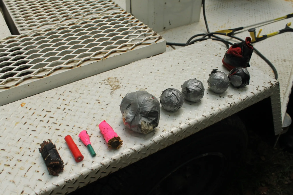 The authorities said they recovered a total of 14 improvised explosive devices at the home of a Tennessee man on Friday.Credit...Polk County Sheriff's Office