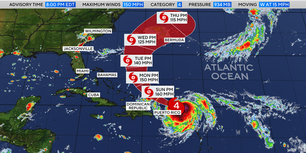 A map shows the projected path of Hurricane Erin as of 8 p.m. EDT, Aug. 15, 2025.