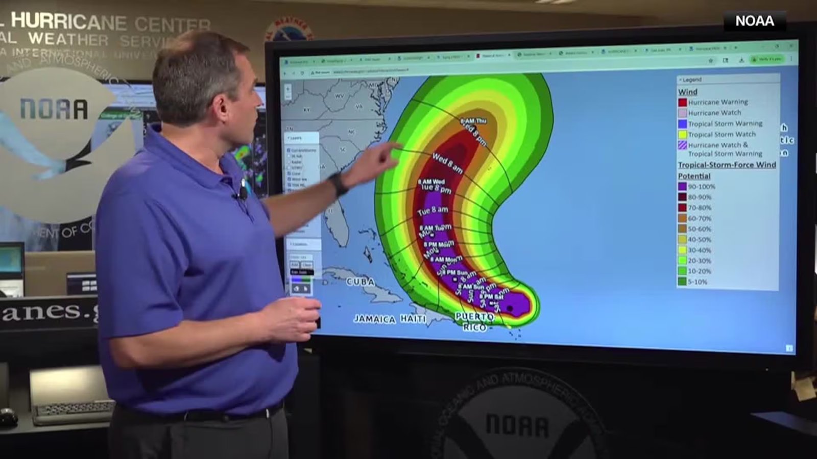 Erin, the first Atlantic hurricane of 2025, exploded to Category 5 on Saturday before weakening, with maximum sustained winds of 125 mph as of Sunday. The storm's center was about 170 miles north of San Juan, Puerto Rico and about 270 miles east of the Grand Turk Island, moving west-northwest at 14 mph.