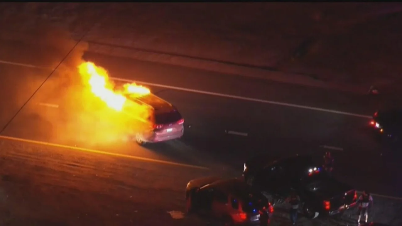 Minivan catches on fire after police pursuit ends in Fontana