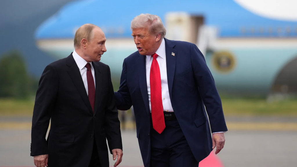 U.S. President Donald Trump (R) walks with Russian President Vladimir Putin as they arrives at Joint Base Elmendorf-Richardson on August 15, 2025 in Anchorage, Alaska.
Andrew Harnik | Getty Images