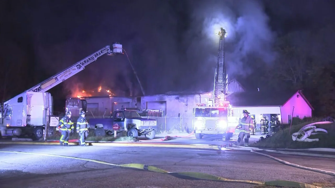 Crews battle large fire at Southampton, N.J., auto repair shop