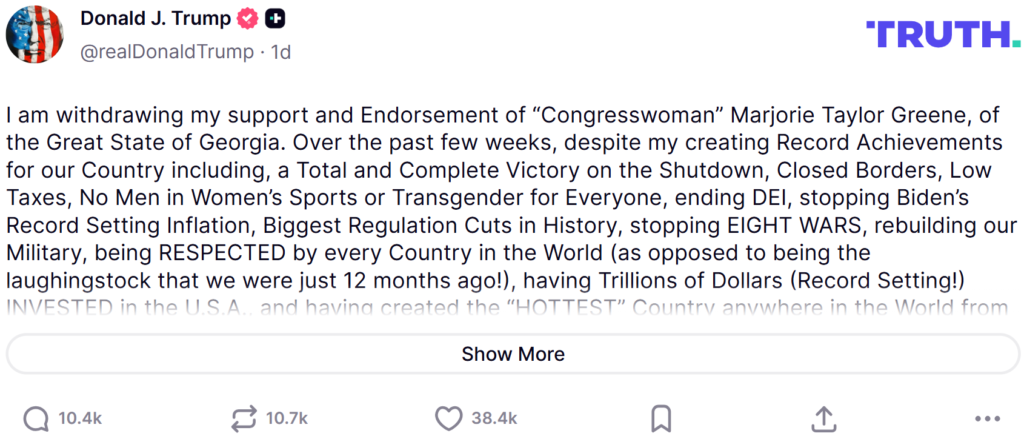 Trump says he's withdrawing support for Trump says he's withdrawing support for Marjorie Taylor GreeneTaylor Greene