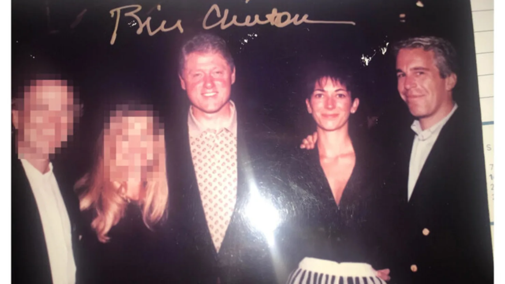 Photo from the Jeffrey Epstein files released by the Democrats on the House Oversight Committee showing Bill Clinton, Ghislaine Maxwell and Jeffrey Epstein with two unknown people. Blurred individuals done by Versant Media. Date and context unclear.