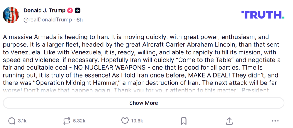 Trump Warns Iran as “Massive Armada” Heads Toward Middle East