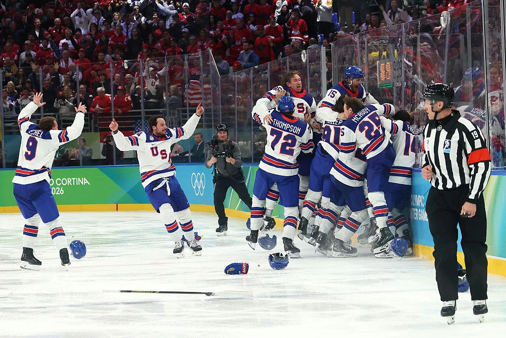Jack Hughes, No. 86 of Team USA, celebrates with teammates after scoring the game-winning goal in overtime against Canada to win gold.
Bruce Bennett / Getty Images