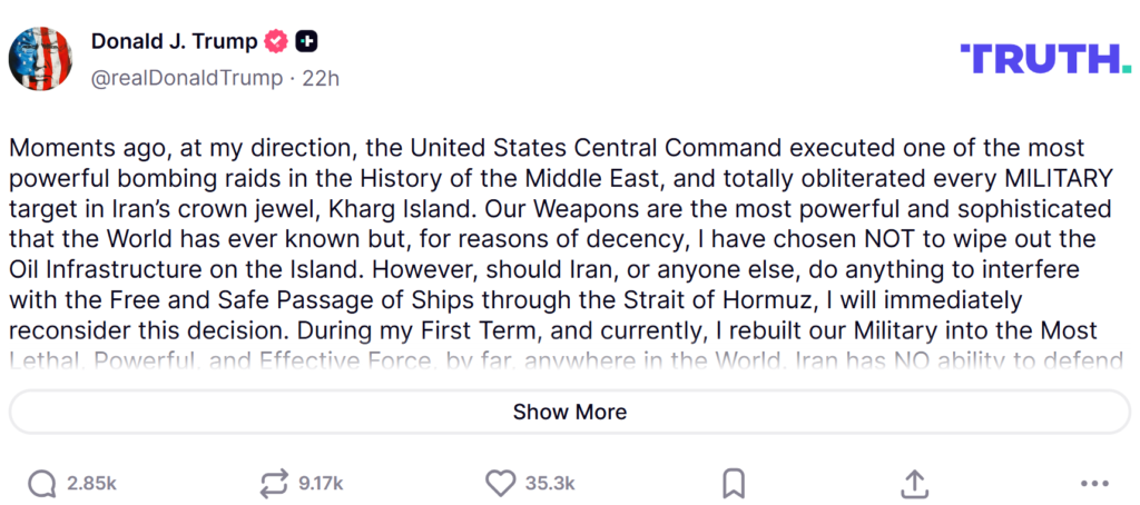Trump Orders Massive U.S. Bombing Raid on Iran’s Kharg Island, Hitting 90 Military Targets