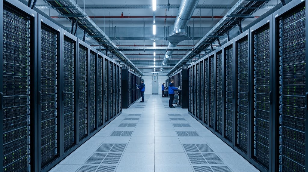 Rows of servers in a data center