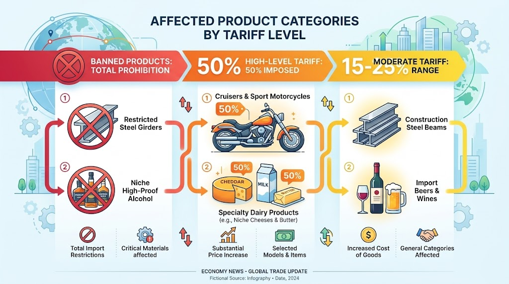 Infographic showing Canadian products banned by US tariffs including alcohol dairy motorcycles