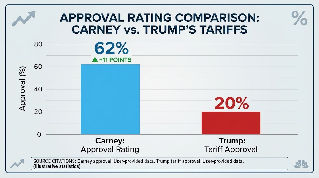 Poll chart showing Canadian PM Carney 62% approval versus 20% American support for Trump tariffs