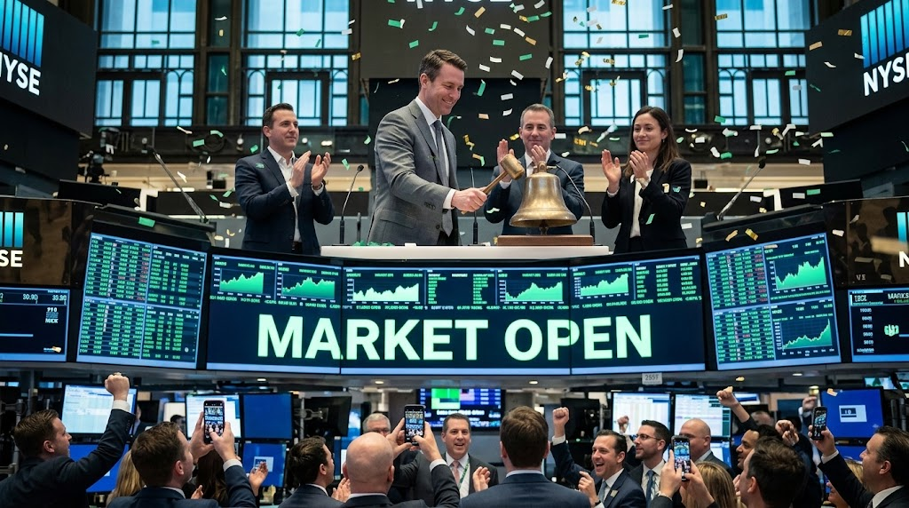 Ceremonial bell-ringing at a stock exchange trading floor