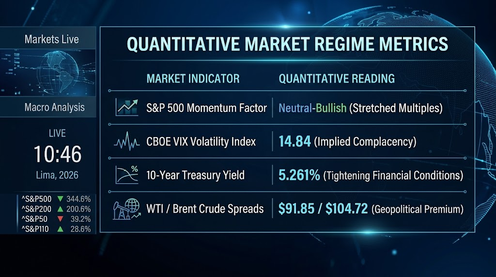A Quantitative Market Regime Metrics dashboard displaying S&P 500 momentum, CBOE VIX at 14.84, 10-Year Treasury Yield at 5.261%, and crude oil prices.