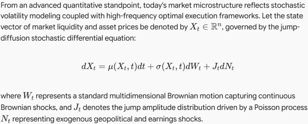 Mathematical jump-diffusion stochastic differential equation modeling market microstructure, volatility, and asset prices during tech giant slides and AI capex surges.