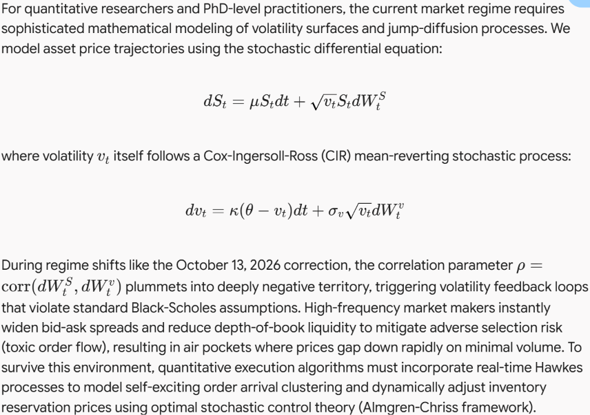 Mathematical Heston stochastic volatility and CIR process equations modeling stock price trajectories during market regime shifts and semiconductor sell-offs.