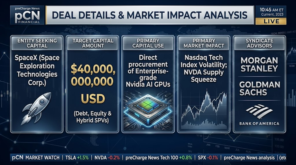 A preCharge News financial broadcast graphic detailing SpaceX's $40 billion capital drive to procure enterprise-grade Nvidia AI GPUs, causing an NVDA supply squeeze.